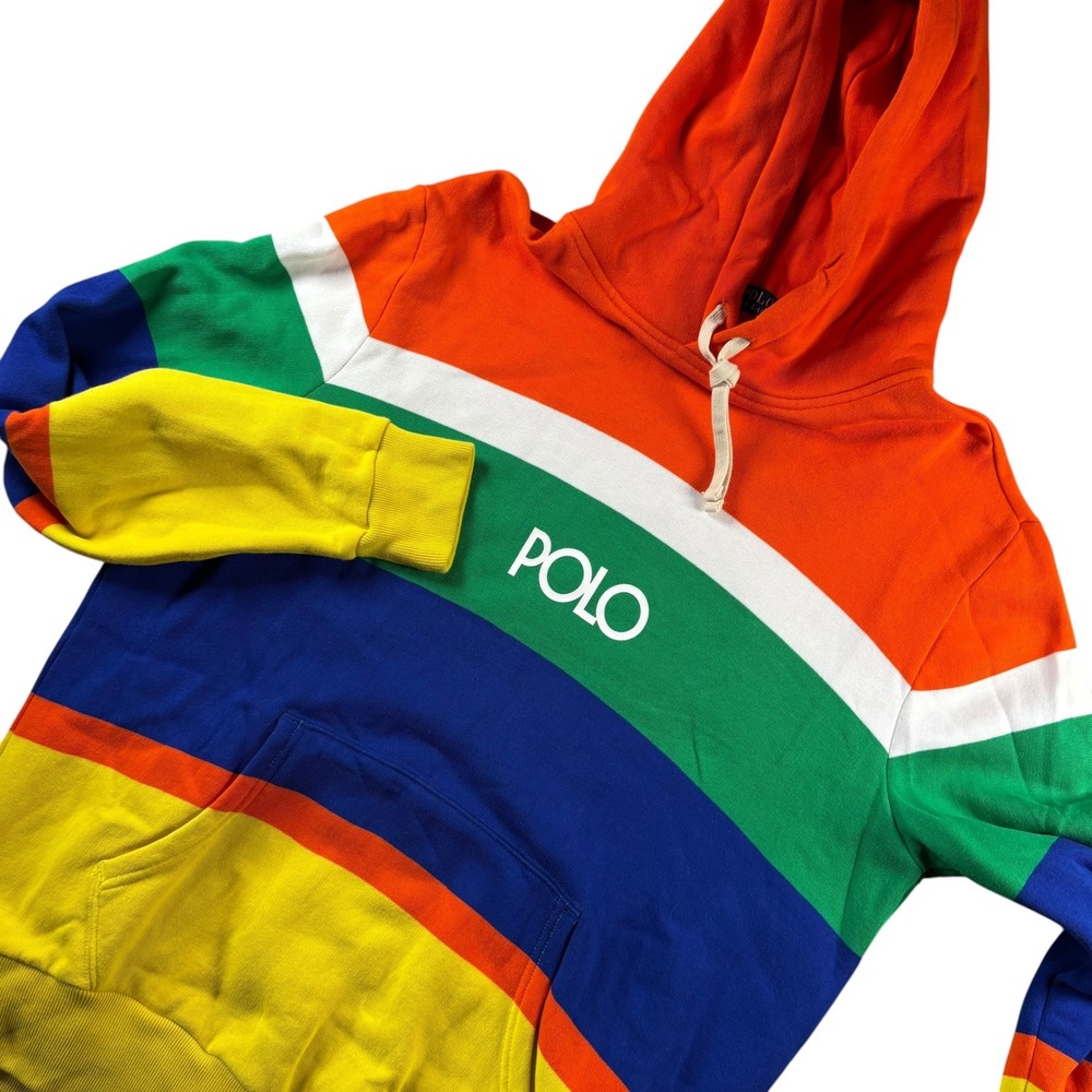 Polo Ralph Lauren Hoodie Mens L Multi Colorblock Bold Striped Fleece Pullover